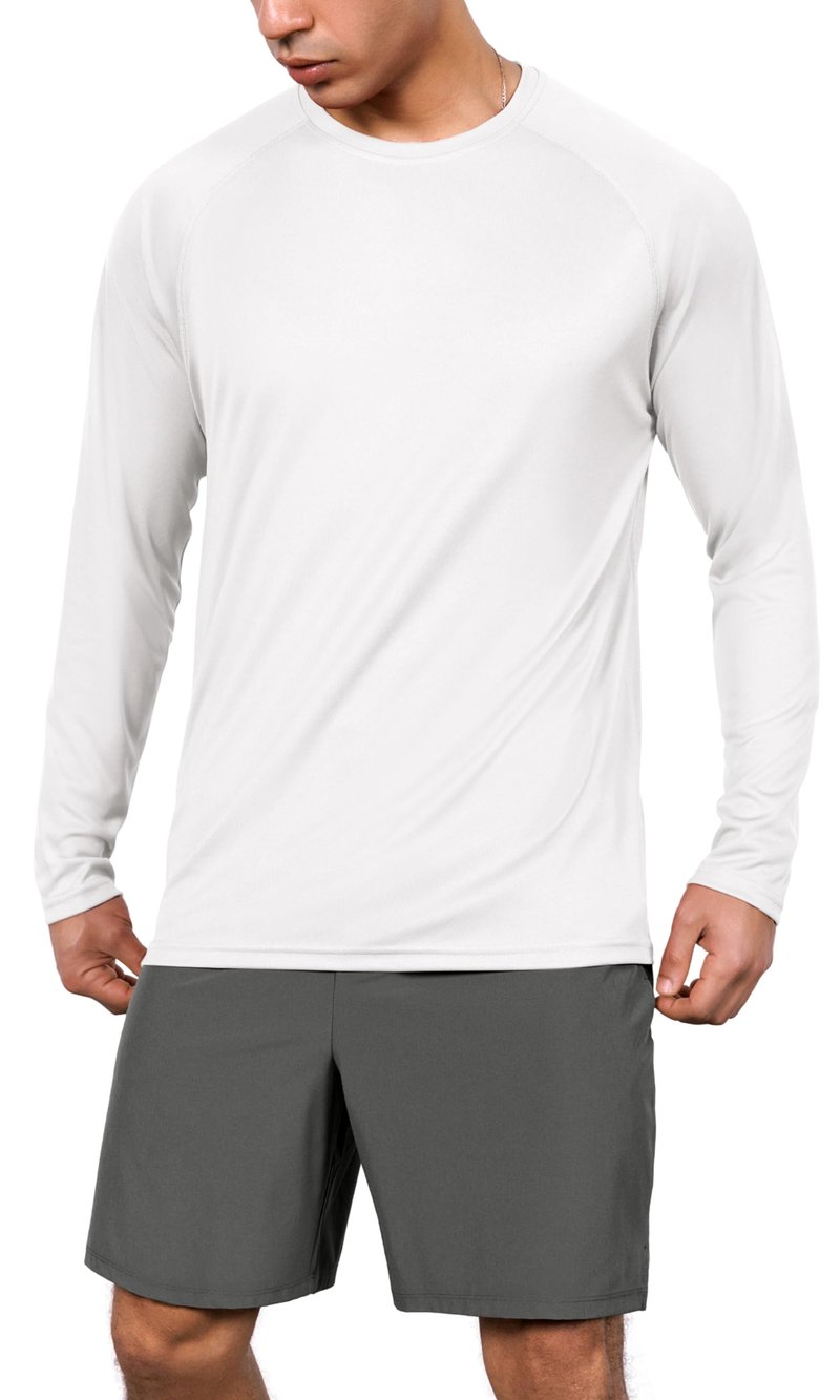 ODODOS Men's Quick Dry Long Sleeve Shirts UPF 50+ Sun Protection SPF Athletic Tops Workout Fishing T-Shirts, White, XX-Large
