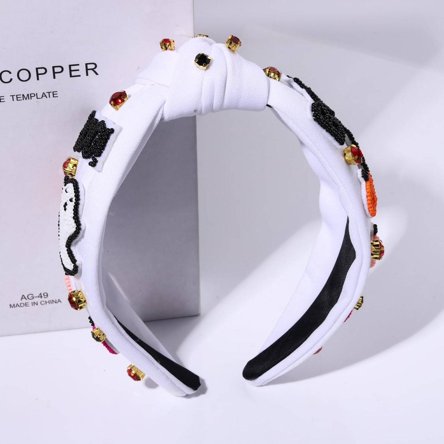 NVENF Halloween Headbands for Women, Rhinestone Crystal Embellished Knotted Headbands, Beaded Pumpkin Ghost Top Knot Headband Halloween Hair Accessories Party Favors Gifts (Ghost)