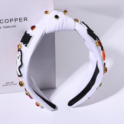 NVENF Halloween Headbands for Women, Rhinestone Crystal Embellished Knotted Headbands, Beaded Pumpkin Ghost Top Knot Headband Halloween Hair Accessories Party Favors Gifts (Ghost)