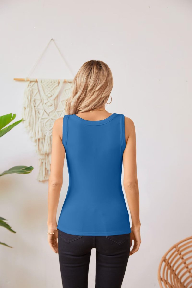 VICHYIE Womens Summer Tank Tops Scoop Neck Sleeveless Crewneck Shirts Ribbed Tanks Slim Fitted Casual Basic Tee Shirt Blue L