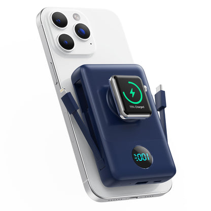 Magnetic Portable Charger 10800mAh for iPhone with Built-in Cables, 6-in-1 Wireless Power Bank with iWatch Charger, LCD Display 25W PD Fast Charging Battery Pack for iPhone 16/15/14/13/12, Apple Watch