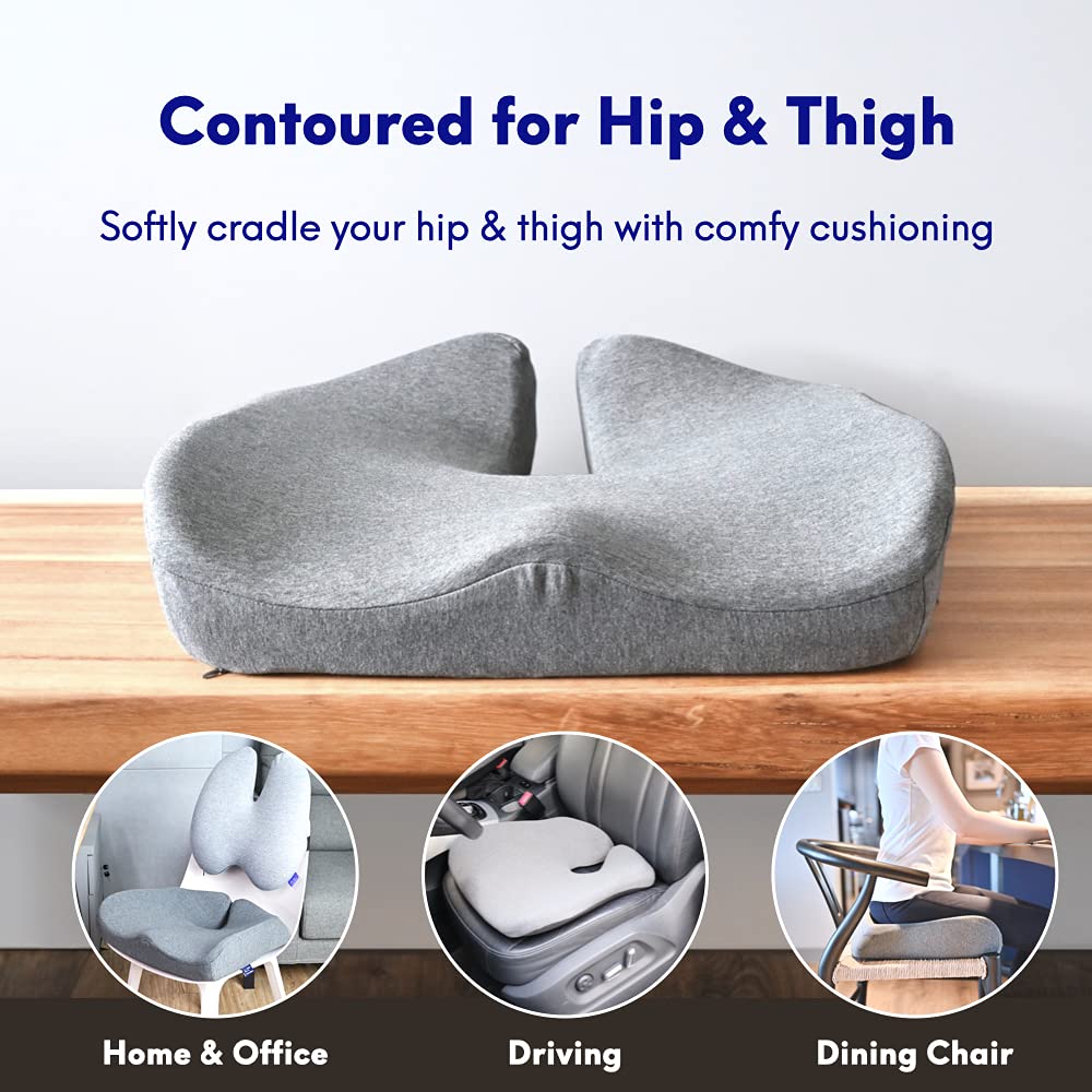 C CUSHION LAB Patented Pressure Relief Seat Cushion for Long Sitting Hours on Office/Home Chair, Car, Wheelchair - Extra-Dense Memory Foam for Hip, Tailbone, Coccyx, Sciatica - Light Grey