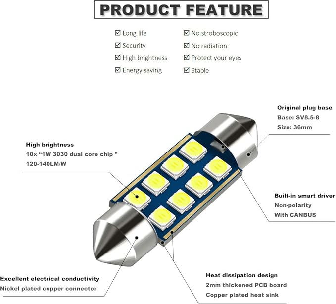 12V 36MM Festoon 6418 DE3423 DE3425 6000K White Extra Bright LED Bulbs for Car Interior Lights License Plate Map Dome Trunk Door Courtesy Light 8-SMD Chipset Canbus Error Free
