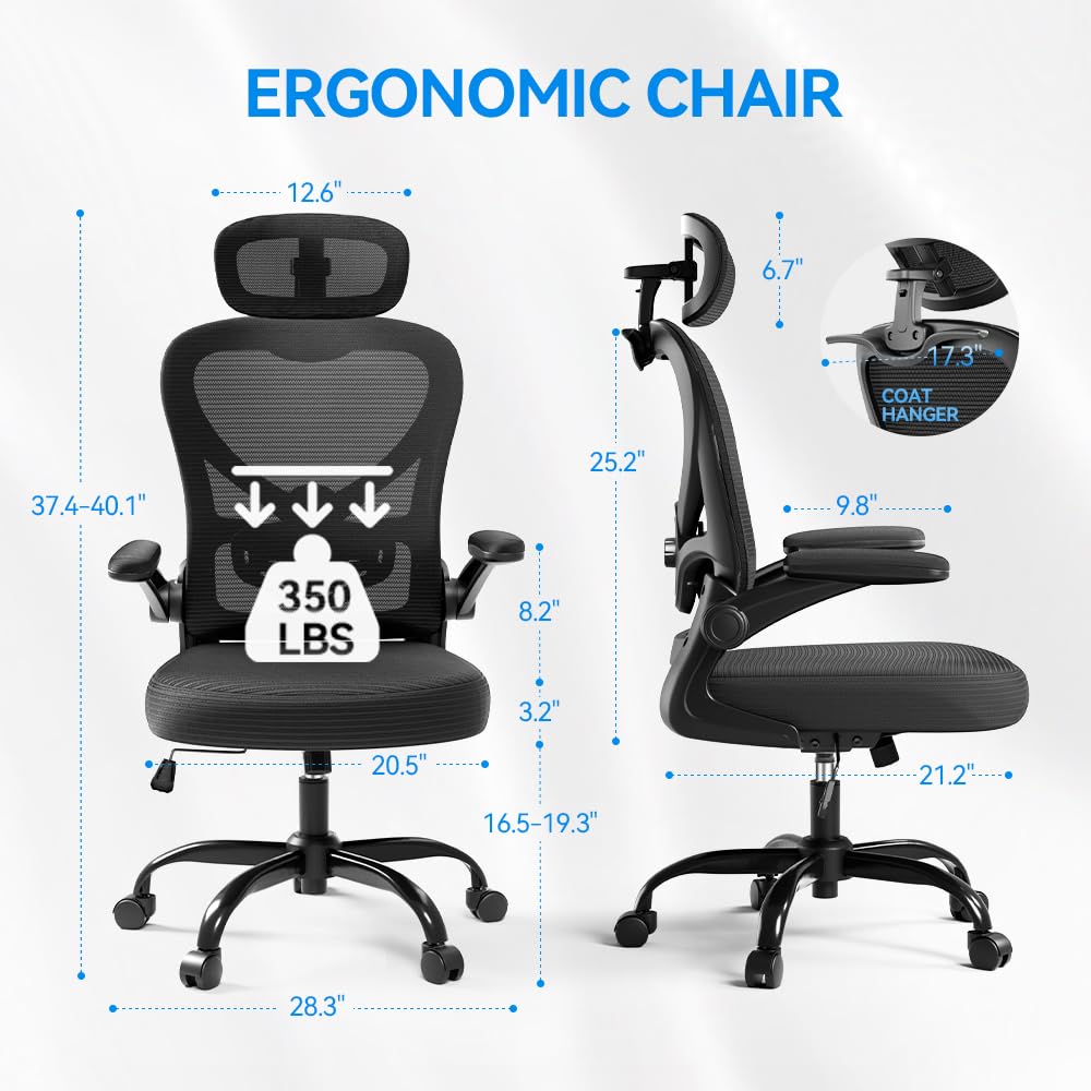 Freepub Ergonomic Office Chair with Headrest 3D, Mesh Office Desk Chair with Adjustable Lumbar Support, Computer Chair with Flip up Armrests, 350LBS Capacity - Design for Home/Offices - Black