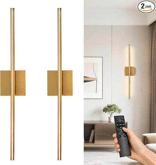 Rechargable Wall Sconce Set of Two, Modern Wireless Brass Wall Light Sconce with Remote, 28.35Inch Dimmable Indoor Home Wall Decor Lights for Bedroom, Living Room, Hallway (Bronze/Square)