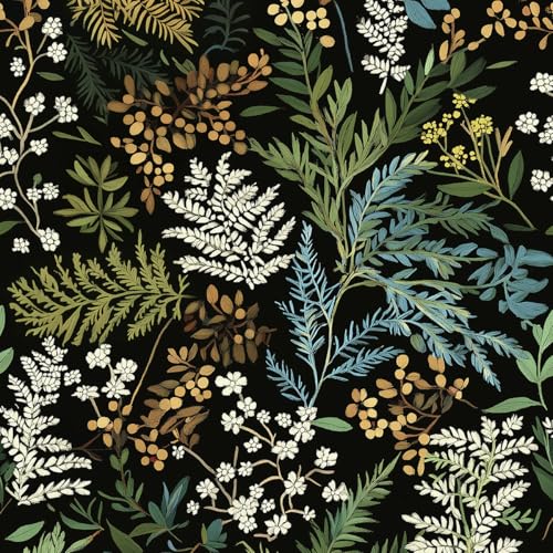 Black Green Floral Wallpaper Peel and Stick Boho Dark Forest Wallpaper 17.3"x78.7" Vintage Leaf Fern Wall Paper for Bedroom Cabinet Removable Renter Friendly Self Adhesive Contact Paper B2-2