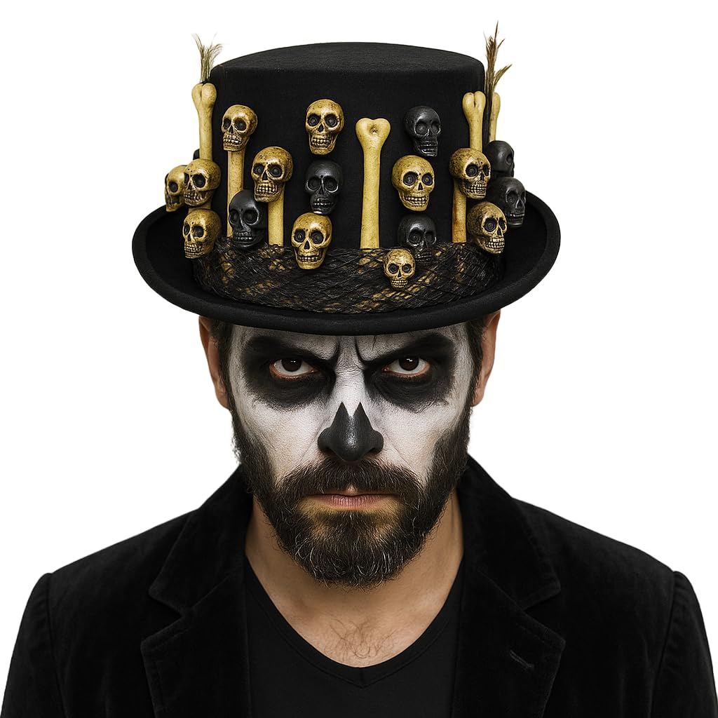 Nicky Bigs Novelties Deluxe Voodoo Top Hat – Gothic Costume Voodoo Hat with Skulls, Bones & Feathers – Mens Witch Hat for Halloween, Witch Doctor, Mardi Gras, and Themed Party Outfits