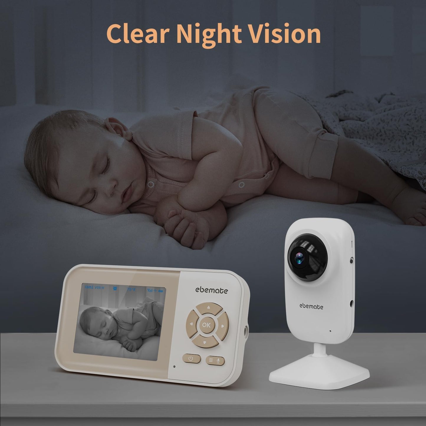 ebemate Video Baby Monitor Camera with 2 Camera,2.8" LCD Screen Video & Audio No Glow Night Vision,2-Way Talk Audio Cam Baby Monitoring 1200FT Range EBE28-2