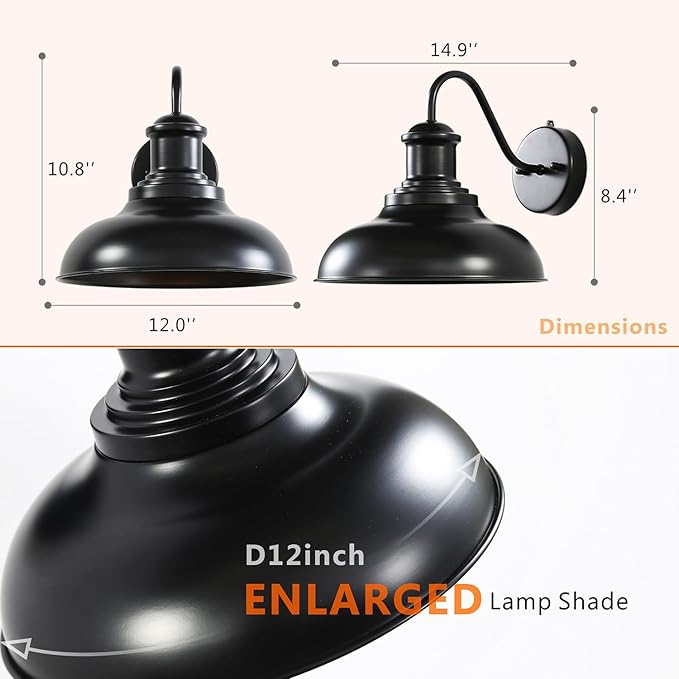 Dusk to Dawn Outdoor Lighting,12'' Diameter Large Black Barn Lights with Gooseneck,Exterior Farmhouse Wall Mounted Light,Vintage Outside Sconce,Anti-Rust Waterproof Porch Light for House Garage