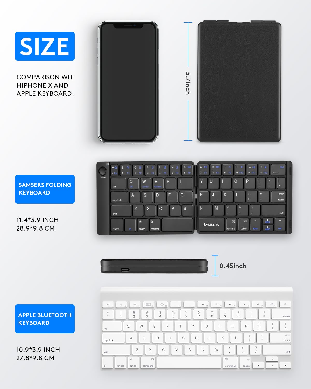 Samsers Foldable Bluetooth Keyboard - Portable Wireless Keyboard with Stand Holder, Rechargeable Full Size Ultra Slim Folding, Compatible iOS Android Windows Smartphone Tablet and Laptop - Black