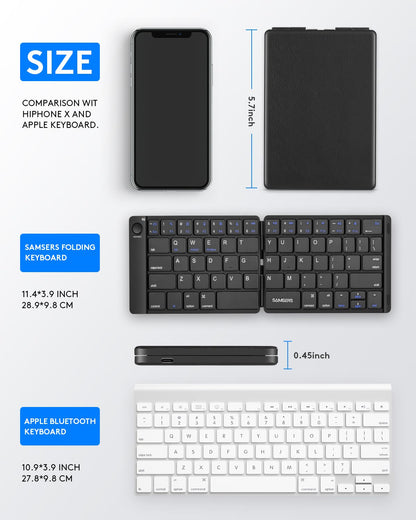 Samsers Foldable Bluetooth Keyboard - Portable Wireless Keyboard with Stand Holder, Rechargeable Full Size Ultra Slim Folding, Compatible iOS Android Windows Smartphone Tablet and Laptop - Black
