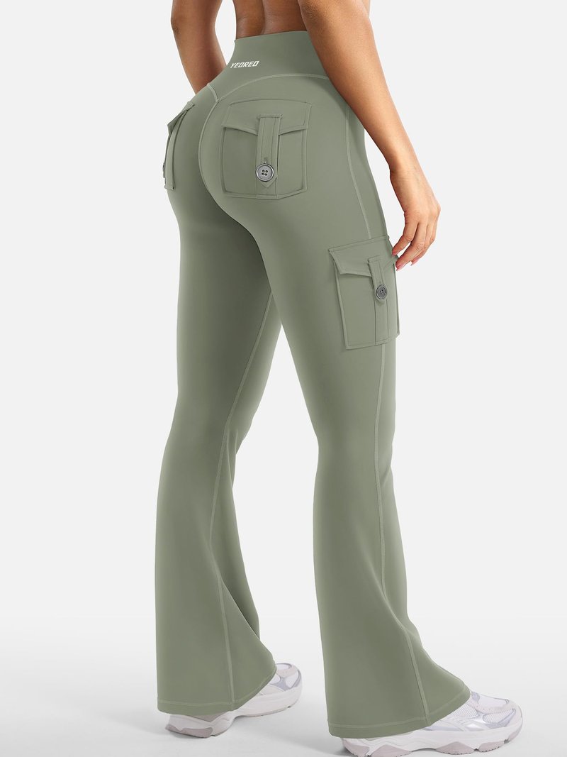 YEOREO CoreFlex Women Workout Flare Leggings with Pockets Hidden Scrunch High Waisted Cargo Gym Yoga No Front Seam Leggings Light Army Green M
