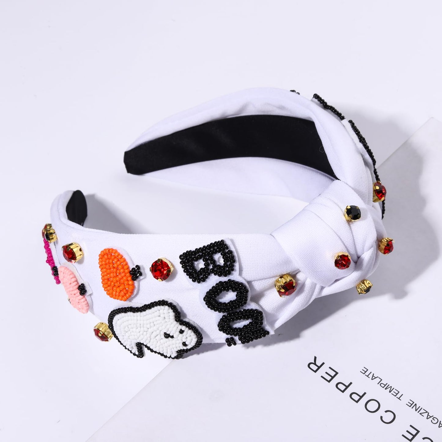 NVENF Halloween Headbands for Women, Rhinestone Crystal Embellished Knotted Headbands, Beaded Pumpkin Ghost Top Knot Headband Halloween Hair Accessories Party Favors Gifts (Ghost)