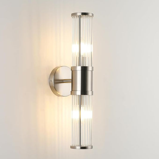 Brushed Nickel Bathroom Light Fixture, Industrial Up & Down Wall Vanity Sconce Indoor Farmhouse Glass Rods Bath Vanity Light Mirror Lighting Lamps Wall Mounted E12 Socket(Without Bulbs)