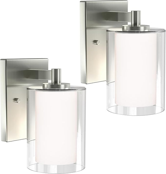 Wall Sconces Set of Two: Bathroom Sconce of 2, Silver Vanity Fixtures with Double Clear Glass Shade, E26 Base Hardwired Farmhouse Wall Lights for Bedroom Living Room Bathroom (Bulb not Included)
