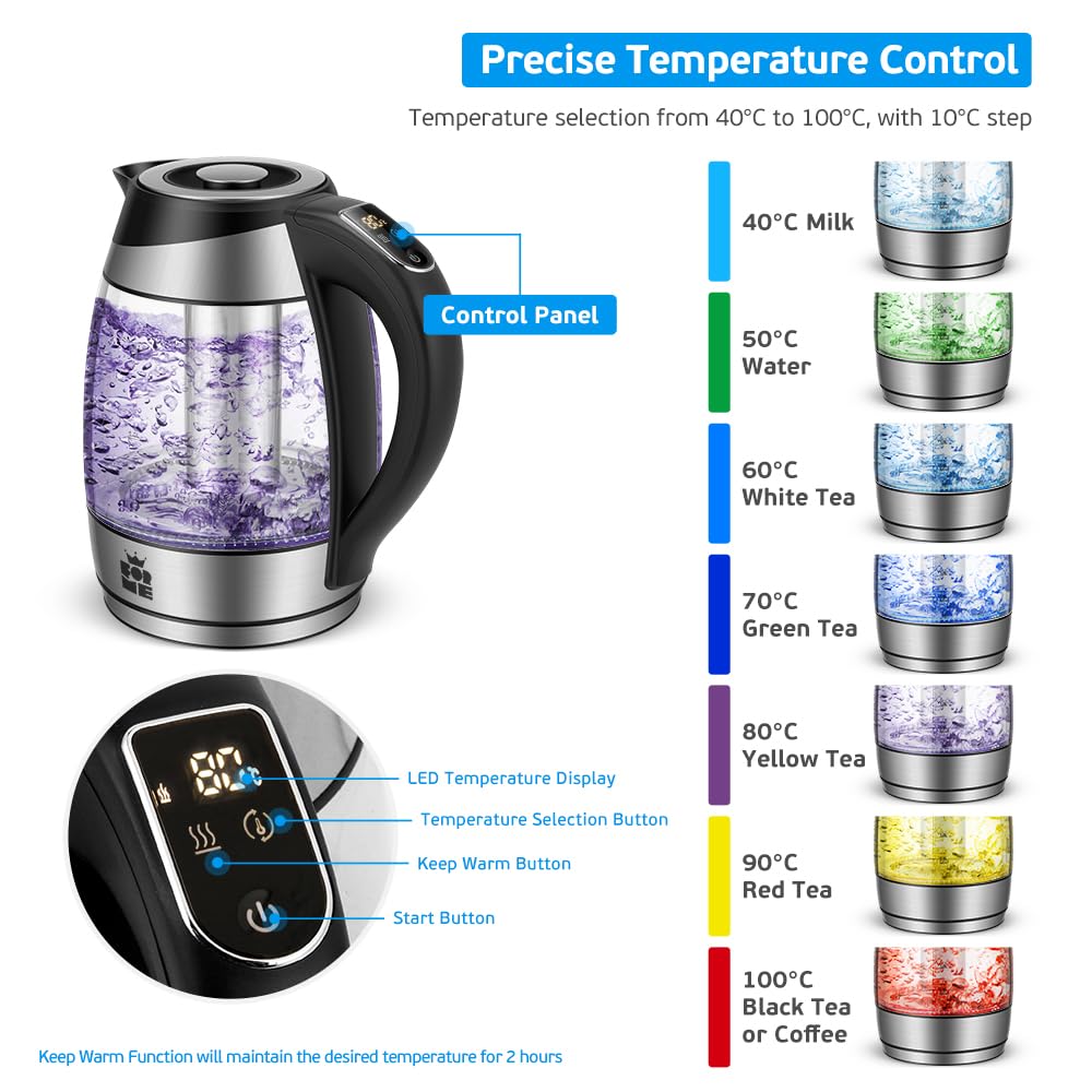 ForMe Glass Kettle with Temperature Setting 40-100 °C 1.8 L I 2200 Watt I 7 Colour Change LED I Digital Temperature Display I Keep Warm Function I Boil Dry Protection BPA Free