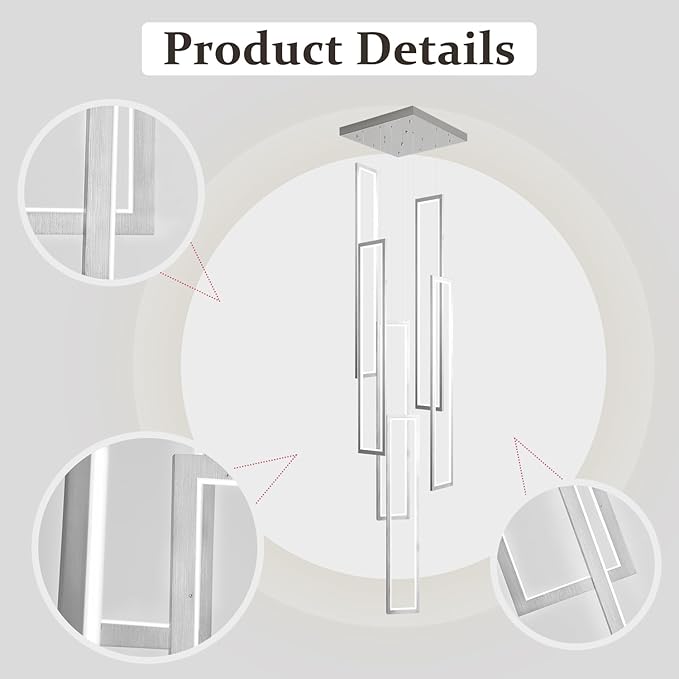 Flashing God Large Modern Chandeliers, Silver with 6 Ring Led Foyer High Ceiling Chandelier for Living Room, Rectangle for Entryway Staircase LED Dimming 2700k-6001k