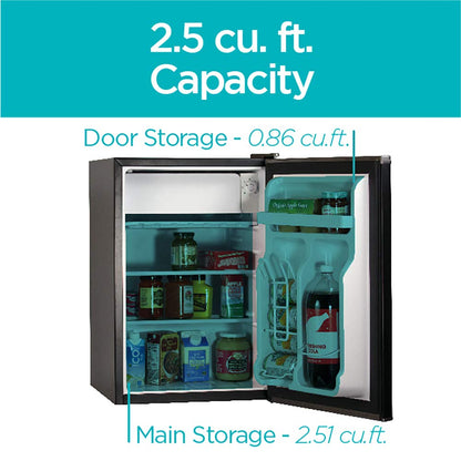 BLACK+DECKER 2.5 Cu. Ft. Compact Refrigerator, ENERGY STAR Certified, Single Door Mini Fridge with Chiller Compartment, Personal Fridge for Home or Dorm Room, R600a Refrigerant, BCRK25B, Black