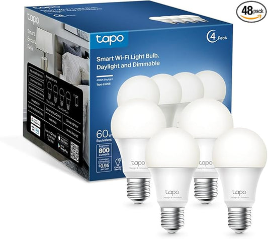 Tapo TP-Link Smart Light Bulbs - Natural Daylight, Dimmable, Compatible w/Alexa and Google Home, A60 Bulb/E27 Base, 60W Equivalent, 800LM CRI>90, 2.4GHz WiFi Only, No Hub Required, L520E (Pack of 48)