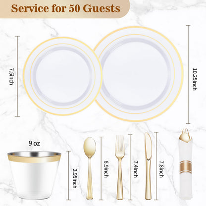BESTVIP 350PCS Gold Plastic Dinnerware Set, Disposable Party Plates for 50 Guests, Include: 100 Plastic Plates, 50 Pre Rolled Napkins with Gold Silverware, 50 Cups