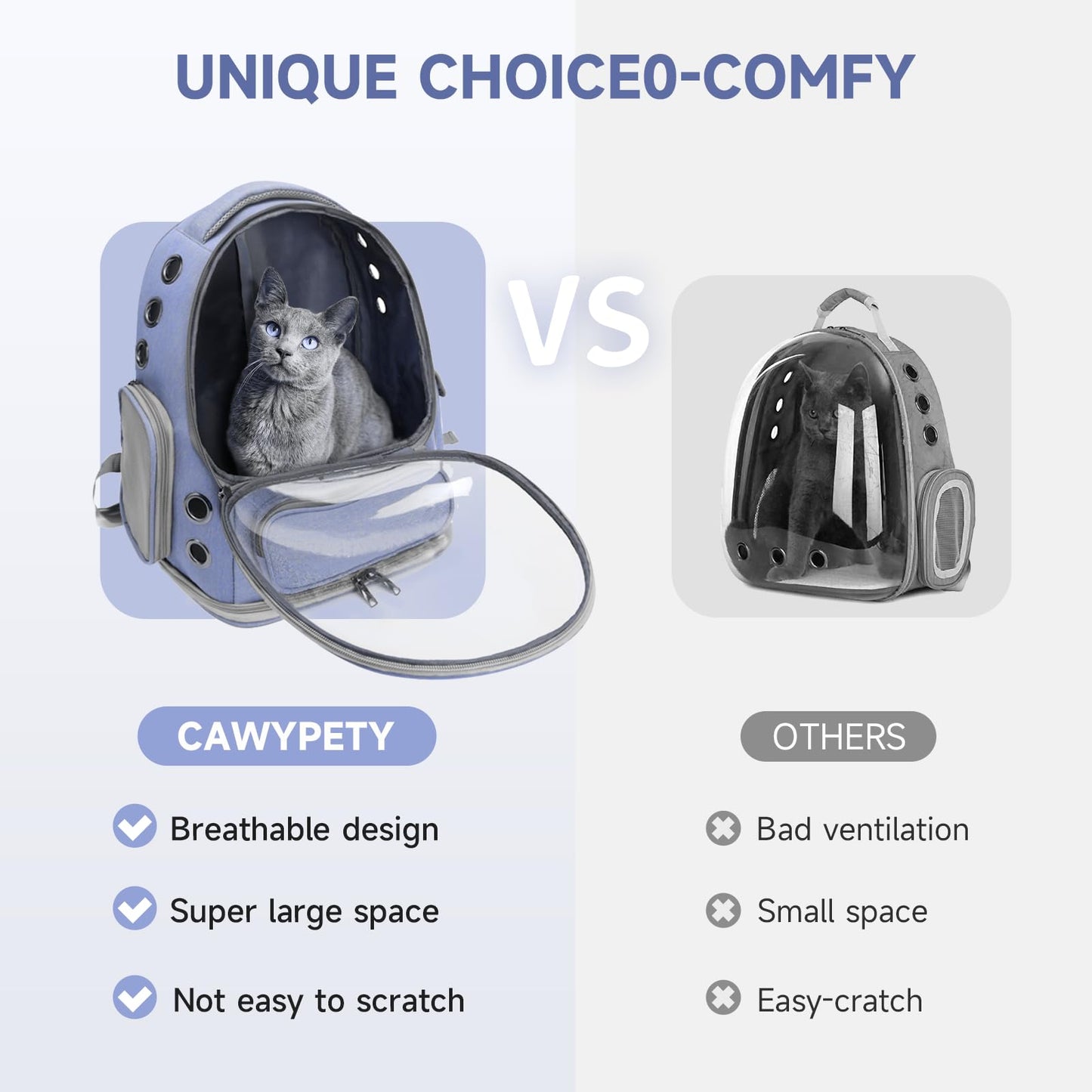 Cawypety Cat Backpack Carrier, Breathable Cat Carrier Large Space Bubble Pet Backpack for Kitty Small Dog up to 12lbs, Transparent & Foldable Pet Carrier for Travel Hiking (Blue
