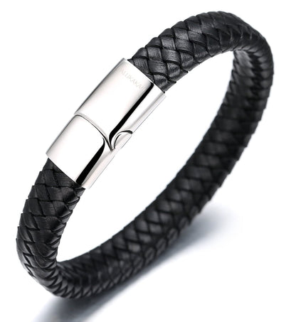 HALUKAKAH Kids ● Solo Junior ● Boy's Genuine Leather Bracelet Classic Black 6-12 Y/O. Titanium Magnetic Clasp 7"/18cm,Free Giftbox
