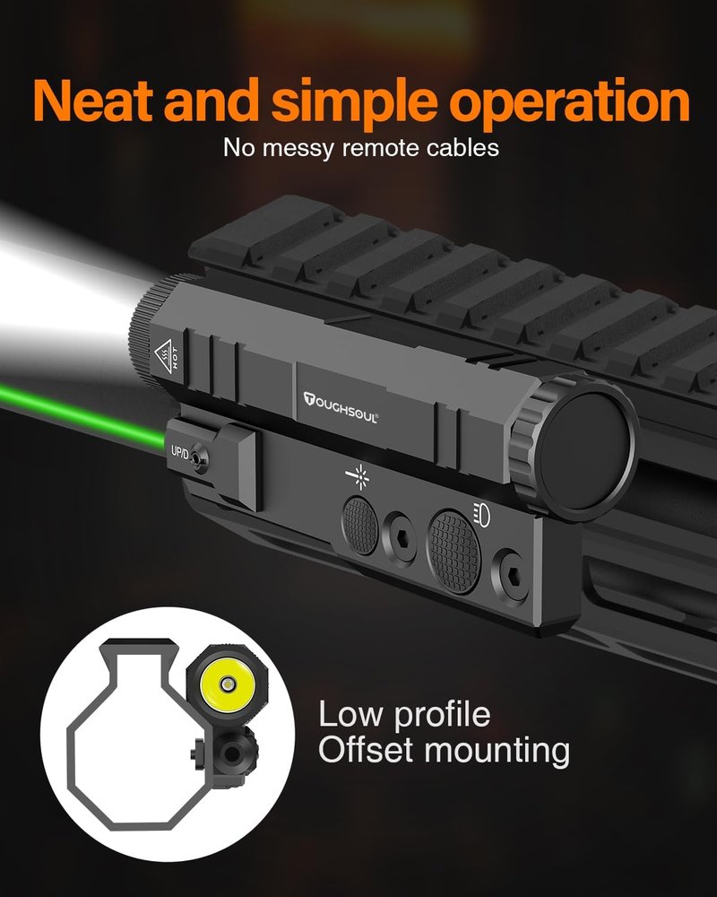 ToughSoul Mlok Flashlight Laser Sight Combo - 1450 Lumen Brightness with Green Laser & Strobe Function | Replaceable Battery Included