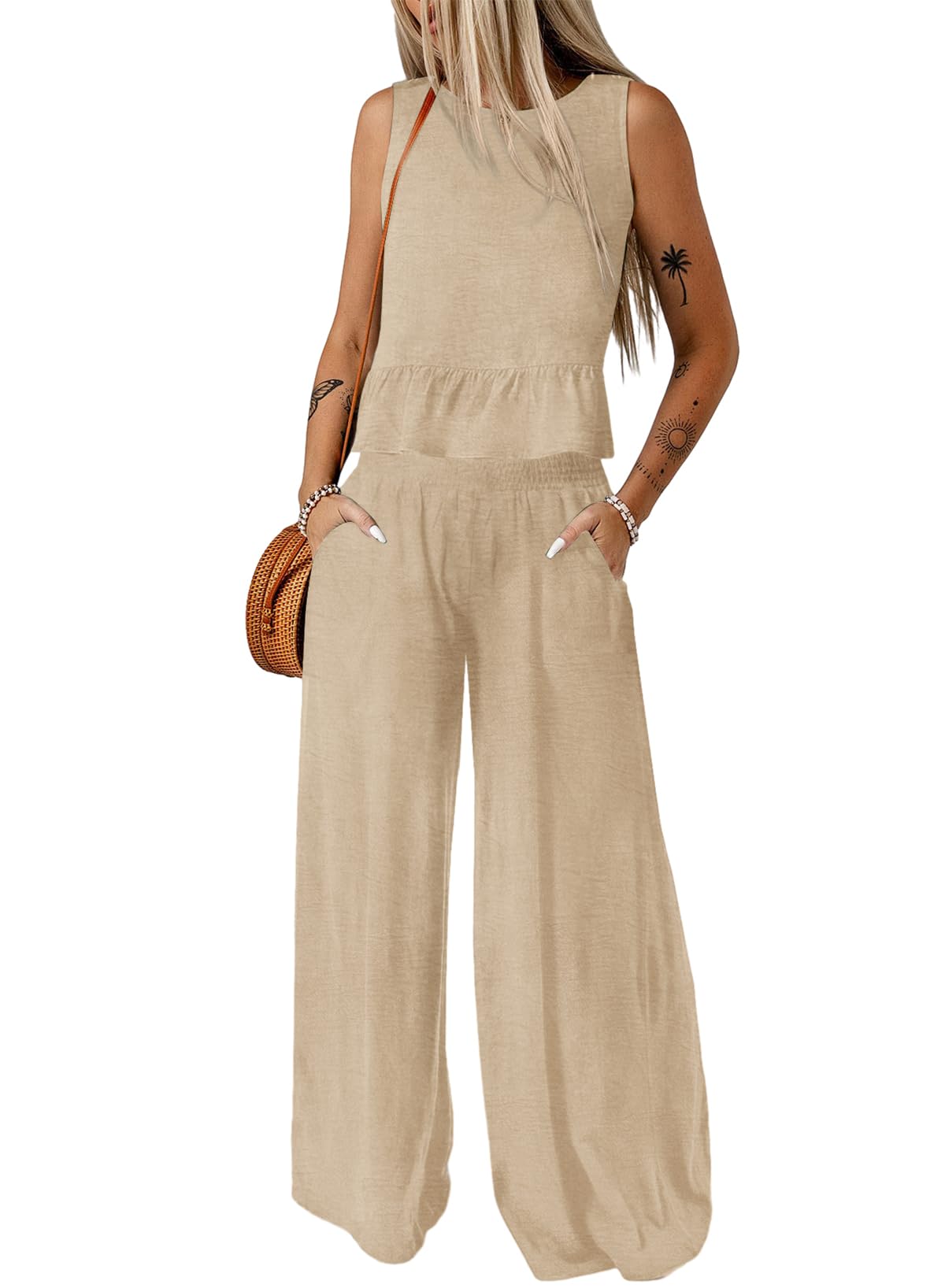 Dokotoo Pants Sets Women 2 Piece Outfits Sleeveless Round Neck Tank Tops Matching Sets for Women Elastic Waist Wide Leg
