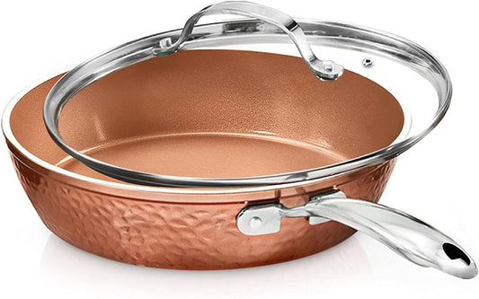 GOTHAM STEEL Hammered Copper 12 Inch Non Stick Frying Pans with Lid, Frying Pans Nonstick with Lid, Non Toxic Ceramic Pan for Cooking, Nonstick Frying Pan, Induction Pan, Oven and Dishwasher Safe