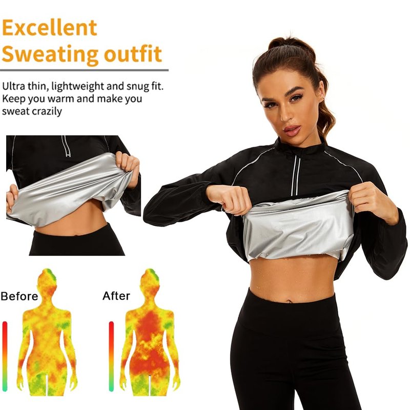 NINGMI Sauna Suit for Women Sweat Jackets Long Sleeve Shirt Weight Loss Workout Zipper Gym Exercise Body Shaper