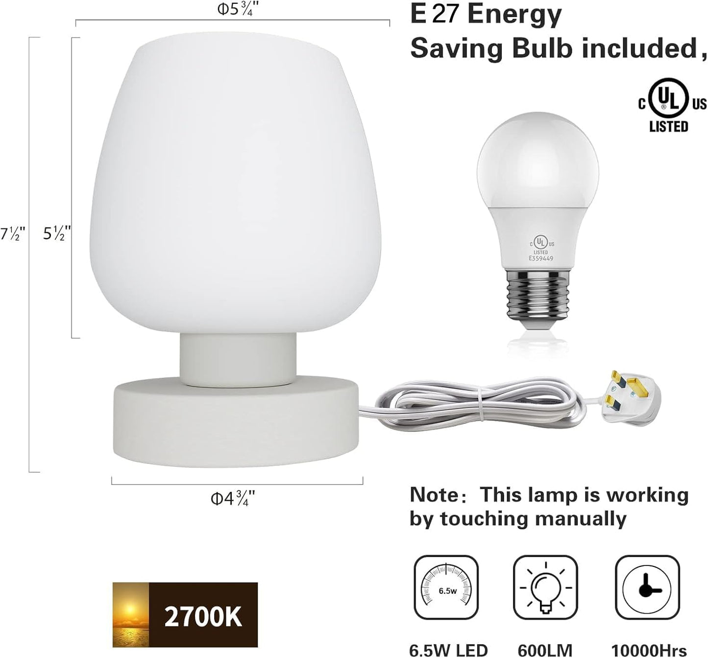 ONEWISH Modern Small Table Lamp - White Opal Glass Shade, Warm LED Bulb, 3-Way Dimmable, Touch Control, Indoor Use Only