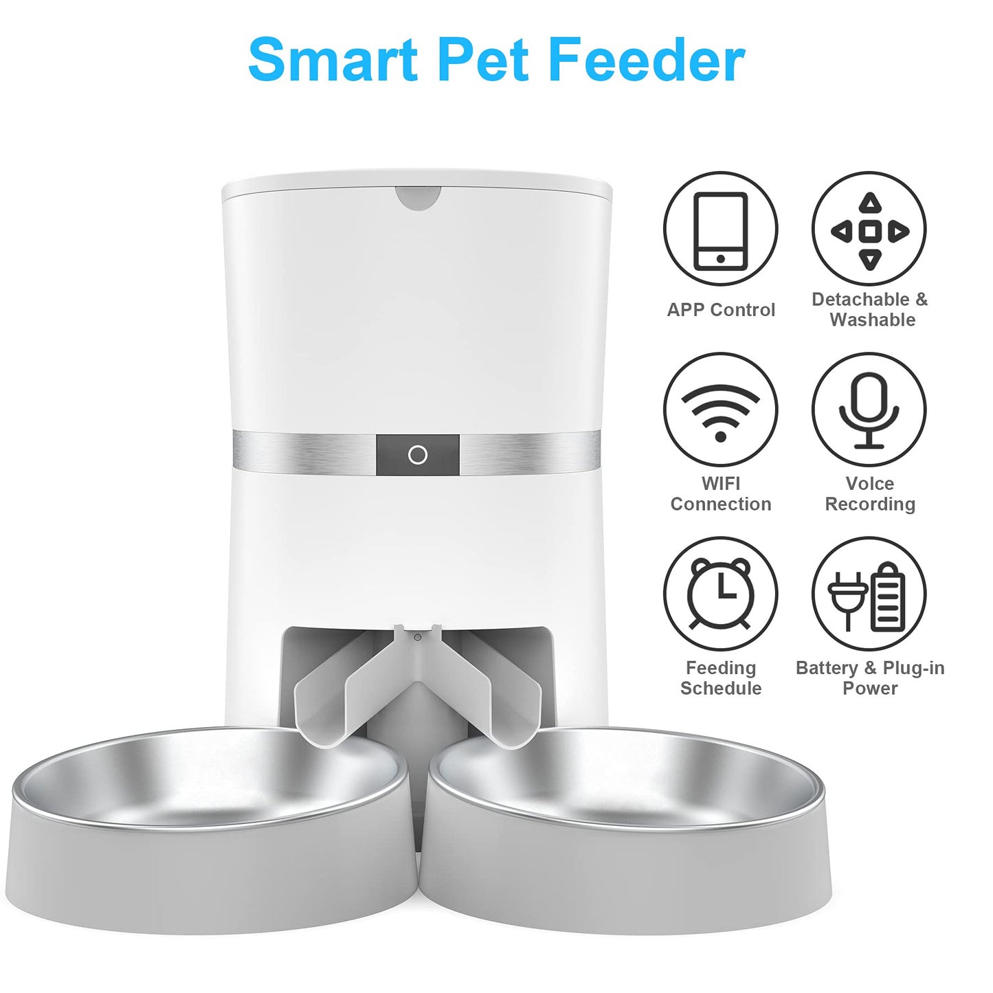 Automatic Cat Feeder, Smart Pet Food Dispenser with APP Control, WiFi Enabled Automatic Feeder for Dogs & Cats, Double Stainless Steel Bowls,6 Meals Portion Control and Voice Recording (S36D-W)