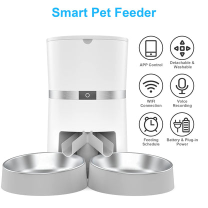 Automatic Cat Feeder, Smart Pet Food Dispenser with APP Control, WiFi Enabled Automatic Feeder for Dogs & Cats, Double Stainless Steel Bowls,6 Meals Portion Control and Voice Recording (S36D-W)