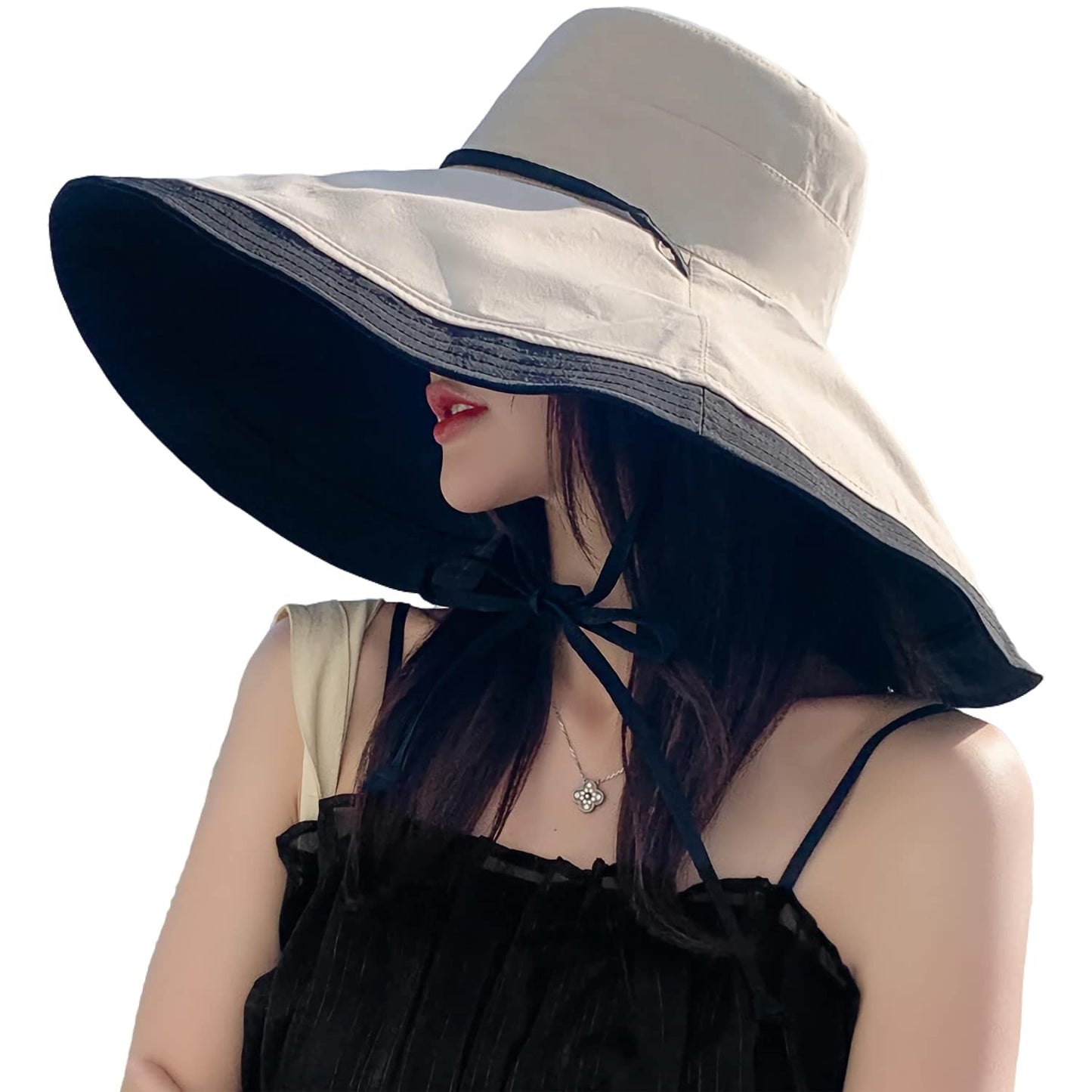 HUAMULAN 7" Wide Brim Women Summer Sun Floppy Hat Beach Bucket Fishing Hats Reversible Foldable Travel UV Protection Blackbeige