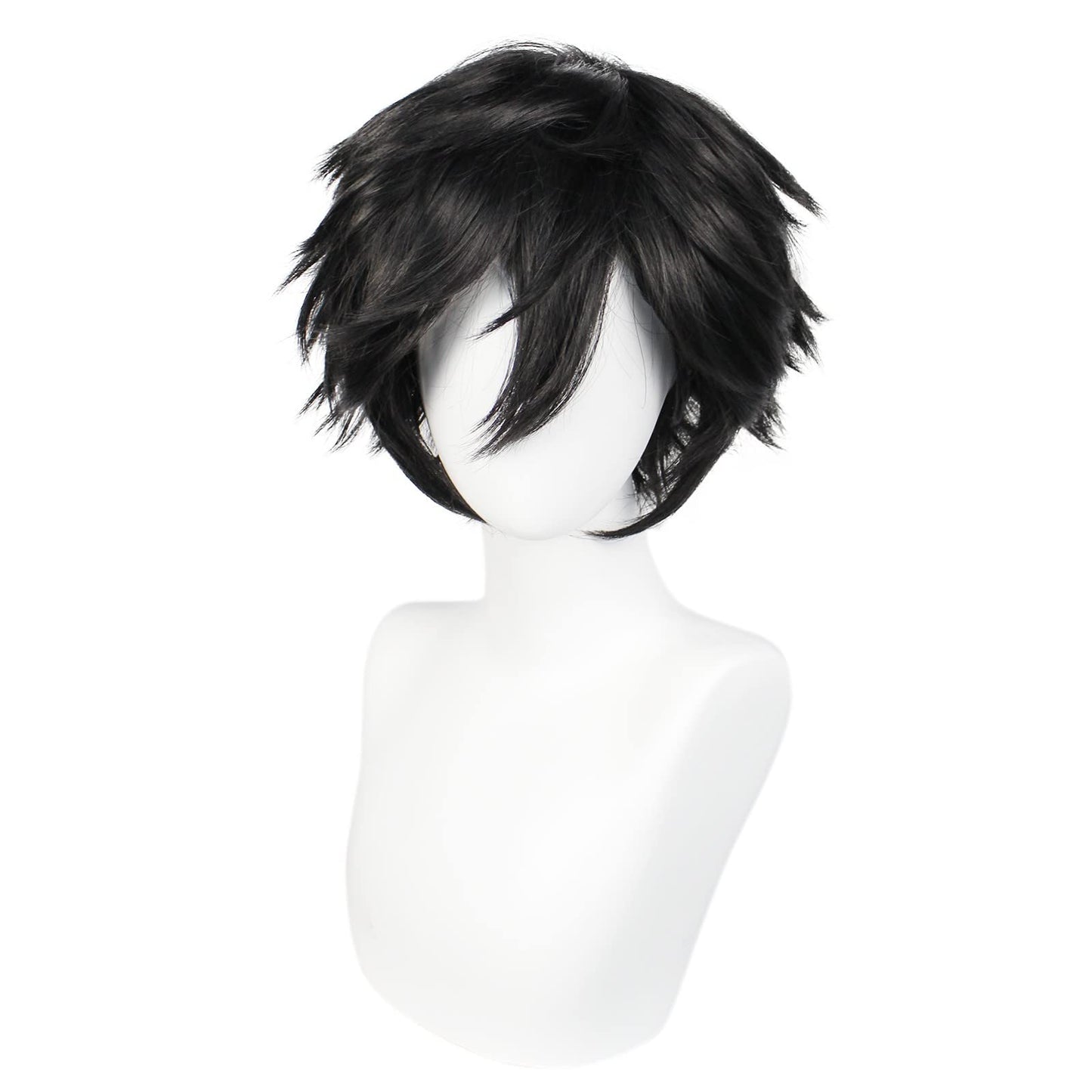 ANOGOL Hair Cap+ Short Black Wig for Men Short Black Men's Wigs for Cosplay Black Anime Cosplay Wig Layered Black Party Wigs with Bangs for Halloween Costume Christmas Peluca Negra Synthetic Hair