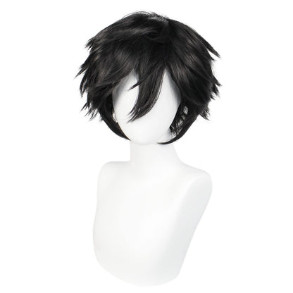 ANOGOL Hair Cap+ Short Black Wig for Men Short Black Men's Wigs for Cosplay Black Anime Cosplay Wig Layered Black Party Wigs with Bangs for Halloween Costume Christmas Peluca Negra Synthetic Hair
