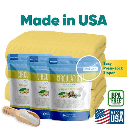 Circulation Foot Soak 32 Ounces (2 Lbs) Epsom Salt with Pure Essential Oils Ginger and Cypress Essential Oils Plus Vitamin C in BPA Free Pouch with Easy Press Lock Seal