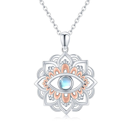 Lotus Eye Necklace for Women Moonstone Evil Eye Lotus Protection Pendant 925 Sterling Silver Lotus Necklace Lotus Flower Charm Jewelry for Birthday Halloween for Women Men Teen (Moonstone)