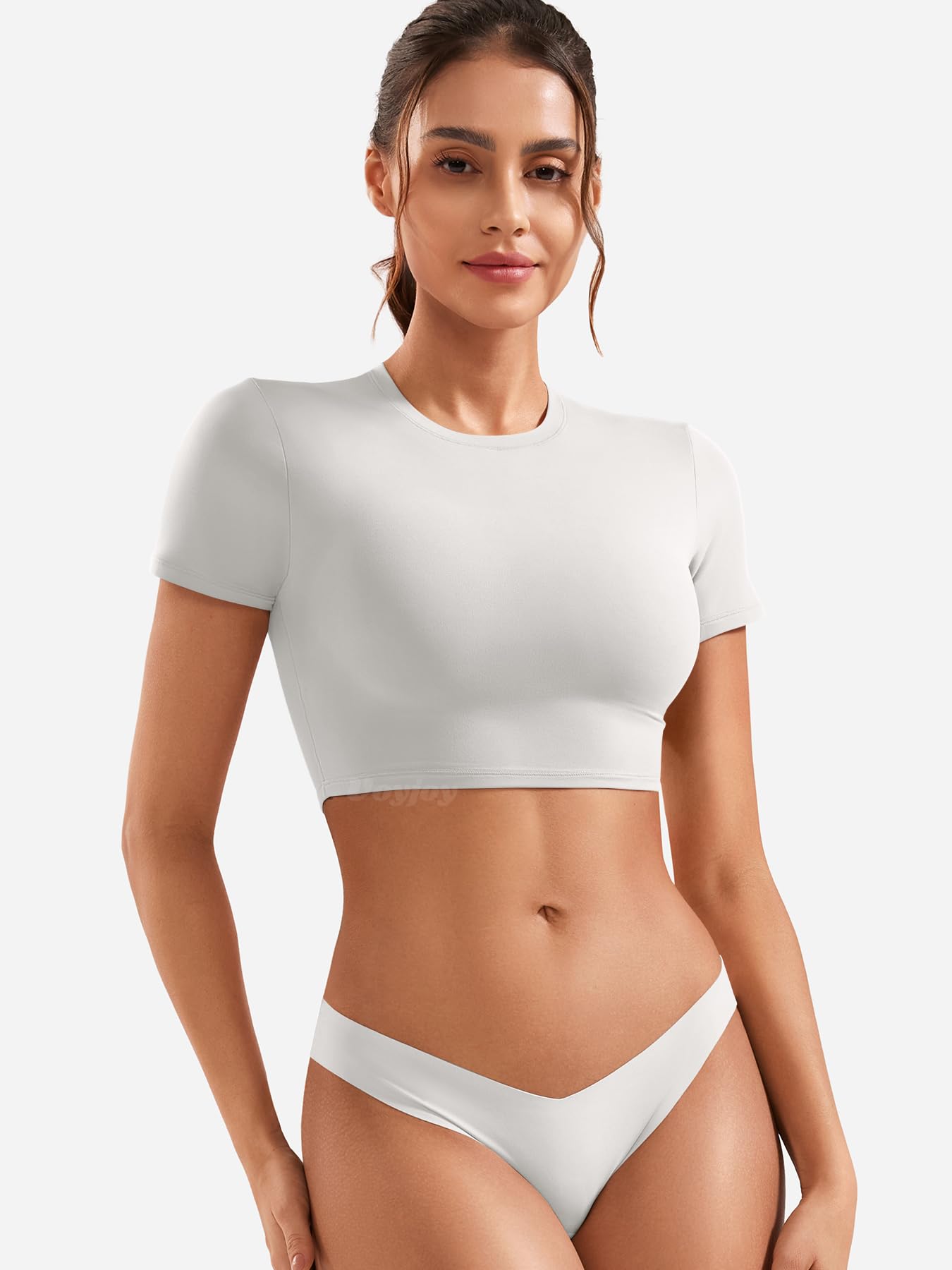 VOYJOY Womens Double Lined Fitted Short Sleeve Crop Tops Crew Neck Casual Workout T Shirts Cute Basic Tee White S