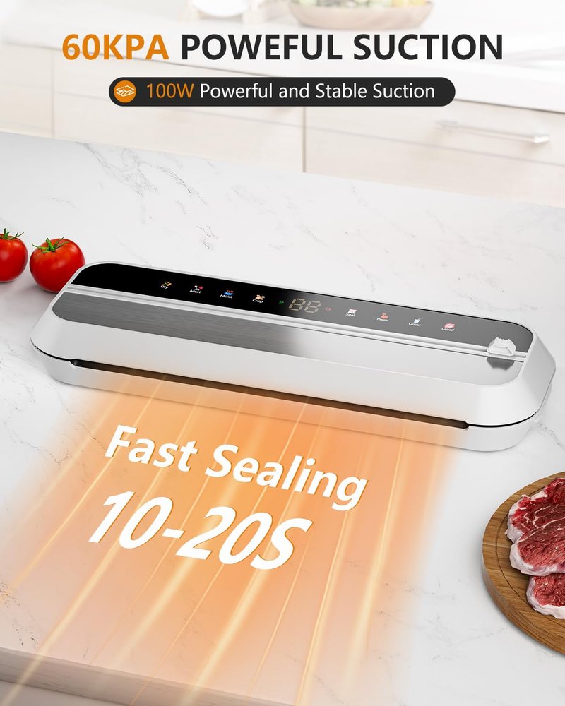 JIMYIU Vacuum Sealer, 8-in-1 Vacuum Sealer For Food, 100W, Digital Timer, Moist&Dry Mode and External VAC for Containers, Built-in Cutter & 10 Vacuum Bags （White）