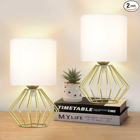 Hamilyeah Table Lamps Set of 2, Modern Bedside Lamps with White Fabric Shade, Industrial Night Stand Lamps with On/Off Switch, Gold Simple Lamp for Bedroom, Living Room