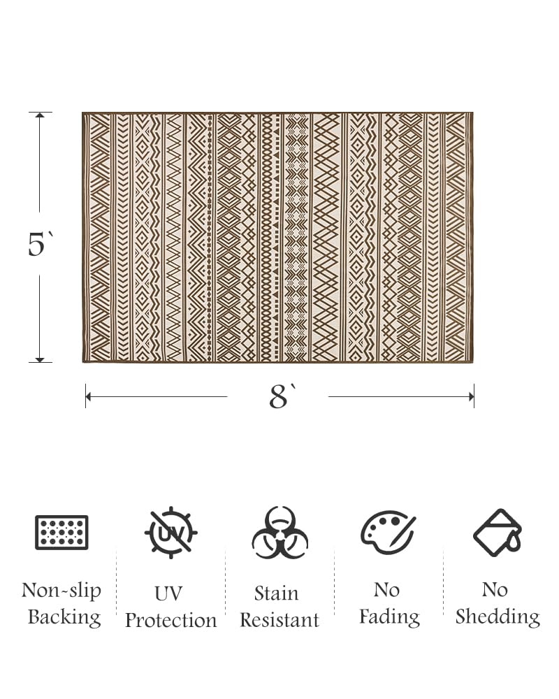 Outdoor Rug Carpet 5x8 ft, Flatweave Textured Outdoor Patio Rug Non Slip Indoor Outdoor Rugs with Rubber Particles Backing Boho Outdoor Area Rug for Patio Deck Front Porch Backyard Balcony, Brown