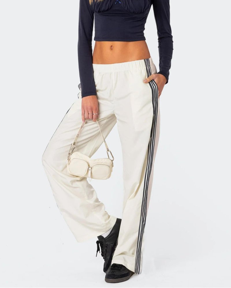 Striped Track Pants for Women Y2K Elastic Waist Wide Leg Sweatpants Teens Vintage Preppy Cute Parachute Pants Streetwear(Beige,M)
