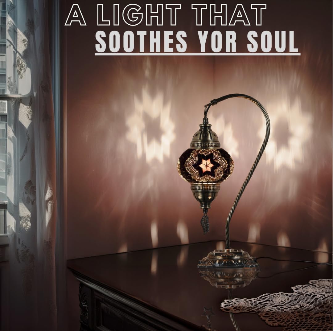 DEMMEX Turkish Moroccan Mosaic Table Lamp – Handcrafted Tiffany-Style Colorful Glass Swan Neck Bedside, Desk, Table Light, Boho Artisan Accent Lighting for Bedroom or Living Room – 15" H, Black White