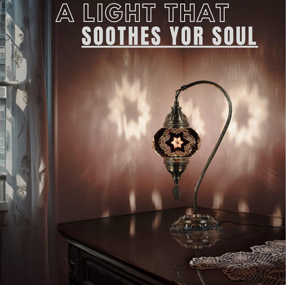 DEMMEX Turkish Moroccan Mosaic Table Lamp – Handcrafted Tiffany-Style Colorful Glass Swan Neck Bedside, Desk, Table Light, Boho Artisan Accent Lighting for Bedroom or Living Room – 15" H, Black White