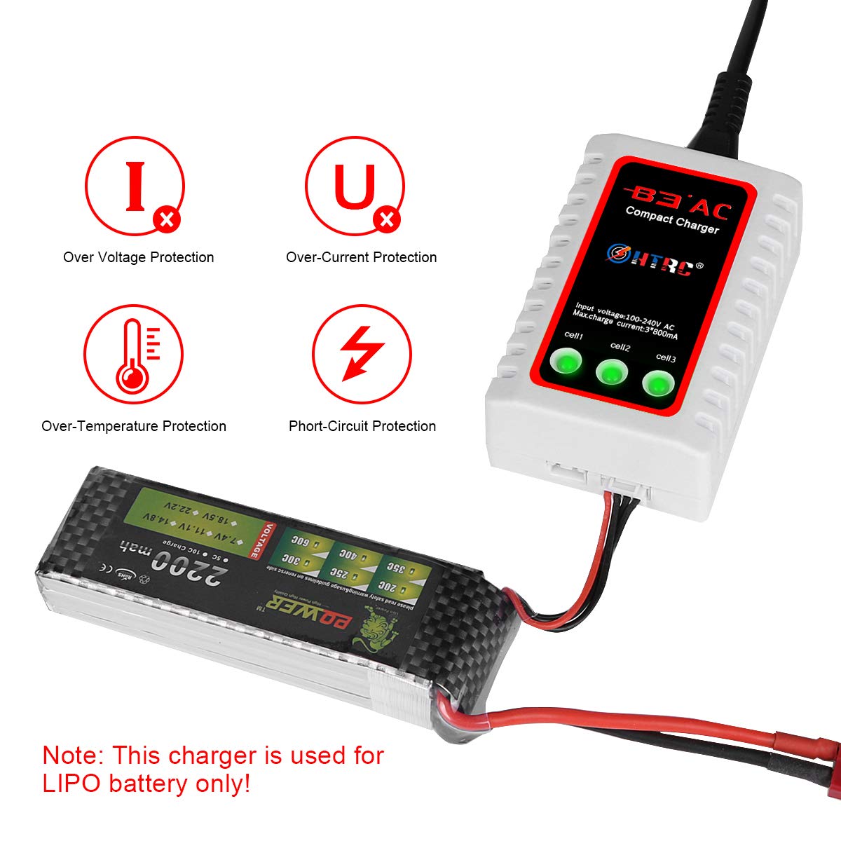 Haisito B3 Lipo Battery Charger for 2-3S Batteries Pack (7.4V,11.1V), Compact Airsoft Battery Balance Fast Charger (100-240V) for RC Quadcopter RC Drone Car Boat (White)