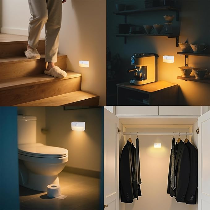 Motion Sensor Night Light Indoor, Rechargeable LED Stair Lights, Warm White Stick-On Closet Lights, Battery Operated Hallway, Cabinet, Bedroom, Kitchen Lamps (6 Pack, White)