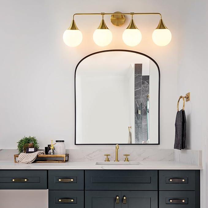 Bathroom Vanity Light Fixtures: 4 Lights Mid Century Modern Bathroom Lighting Fixtures Over Mirrors - Brass Gold Wall Sconce with Milky Glass Ball Shades for Bath Bedroom