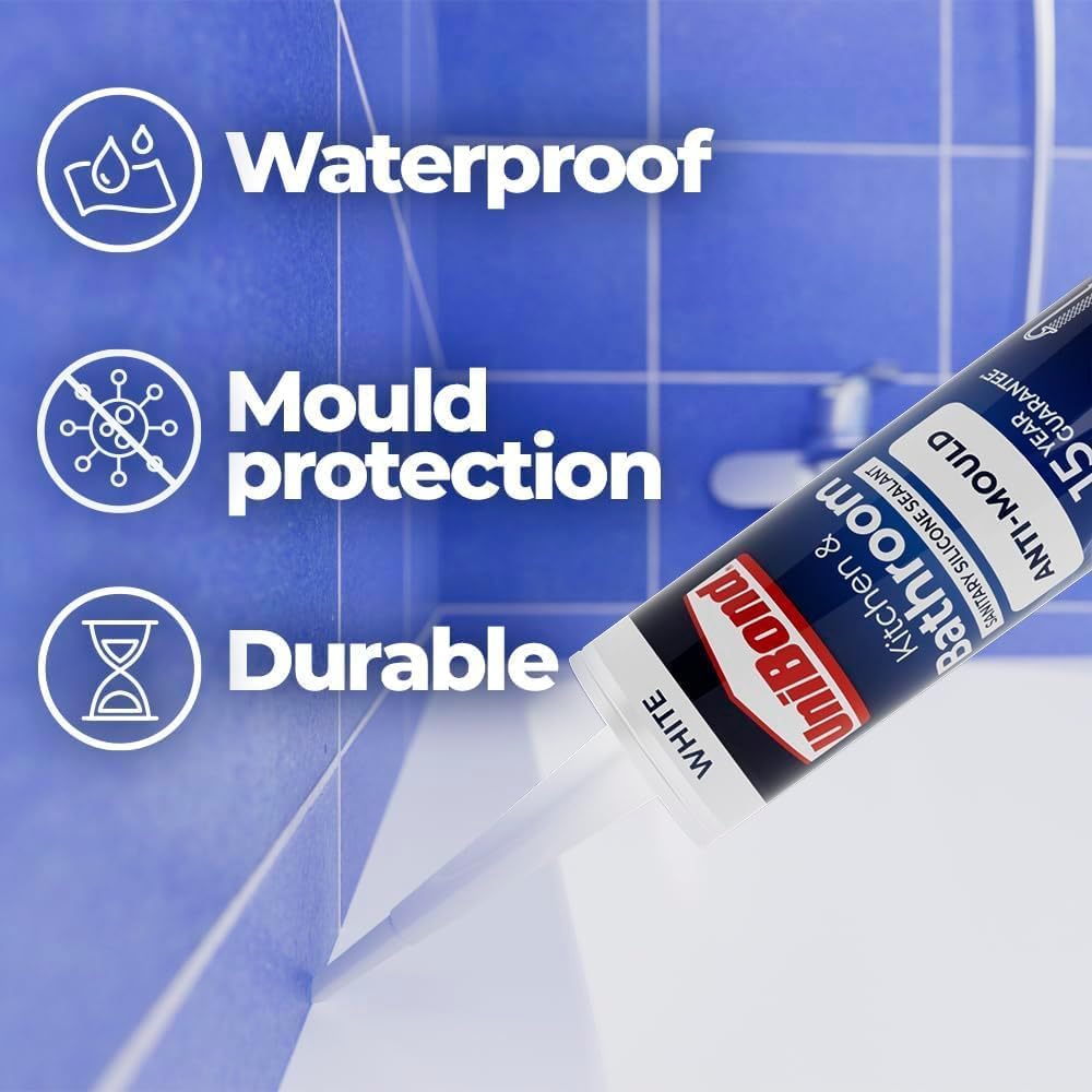 UniBond Anti-Mould White, Waterproof Mould Protection, Long-lasting White Silicone Sealant for Kitchen & Bathroom, Powerful Bath Sealant, 1 x 274g Cartridge