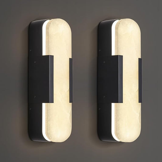 13.8 inch Black Alabaster Wall Sconces Set of 2, Natural Marble Wall Lighting, Bedside Wall Lamp, Indoor Vanity Light Fixtures for Hallway, Bathroom Living Room (Including LED)